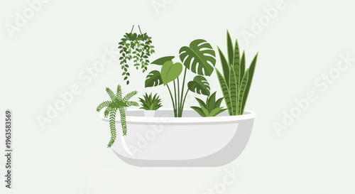 A white planter holds a variety of lush green houseplants, including hanging vines