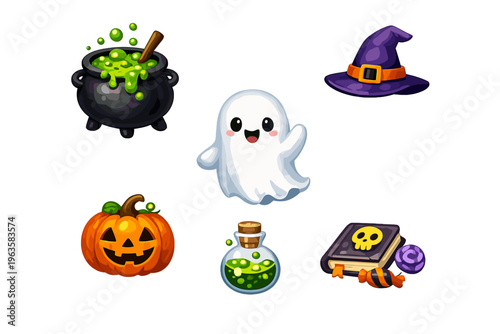 A collection of Halloween themed items featuring a ghost, pumpkin, cauldron, potion, hat, and spell book