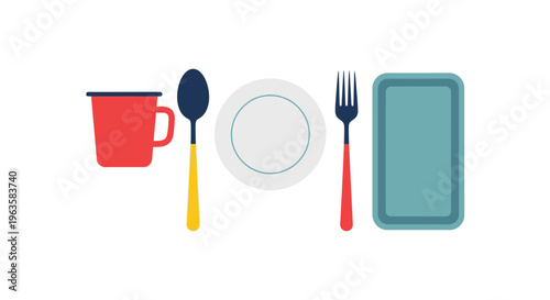 Colorful Enamel Mug, Spoon, Plate, Fork, and Tray Set