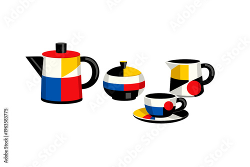 Colorful tea set on a white background with a teapot, sugar bowl, cream pitcher, and cup creating a modern design for tea time