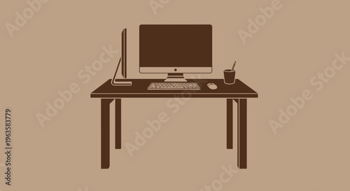 Minimalist Desk Setup with Computer, Keyboard, Mouse, and Pen Holder