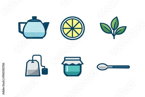 Different items used to prepare tea with a focus on tea leaves, lemon, and jam