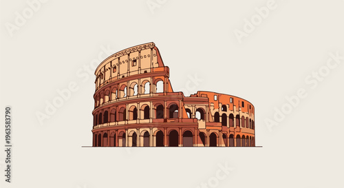 Ancient oval amphitheater with arched levels, simplified artistic rendering