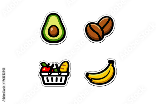 Various food items like avocado, coffee beans, fruits, and banana on a simple background