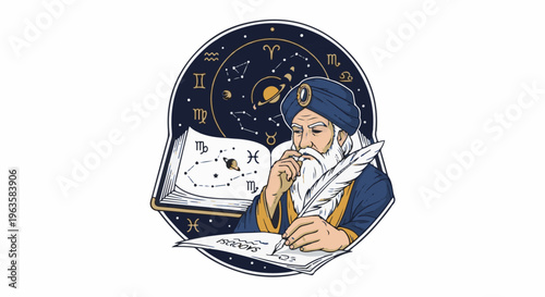 Ancient astrologer in turban studies constellations and planets from a book