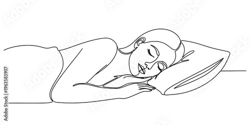 A simple continuous line drawing of a peaceful woman sleeping comfortably on a soft white pillow