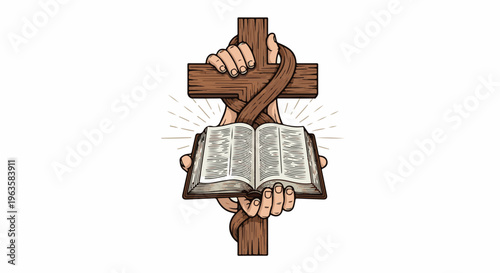 Hands hold Bible around cross with radiating lines