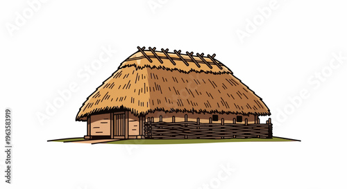An illustrated rustic thatched-roof dwelling with a wooden fence