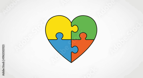 Heart-shaped puzzle with four distinct colorful pieces on white