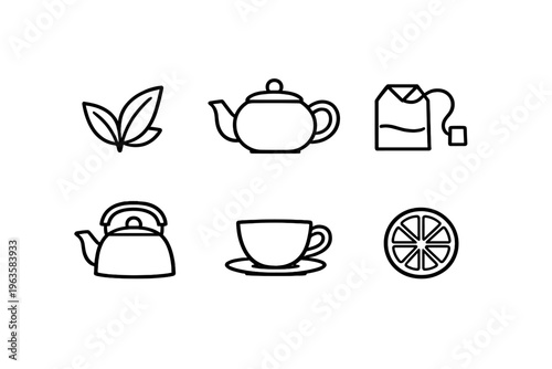 Different items used in making tea are shown together on a simple background with clear outlines and details