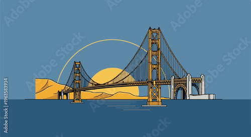 Iconic suspension bridge spans golden hills and water under a stylized sun