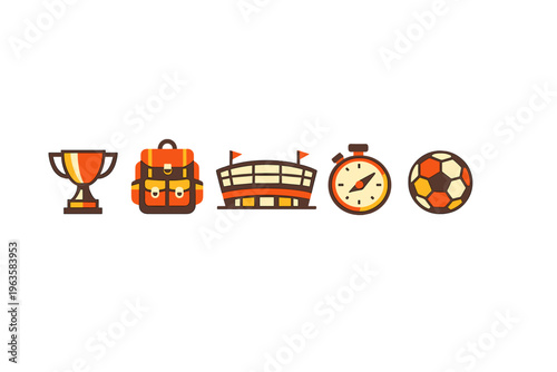 Symbols of sports with a trophy, backpack, stadium, stopwatch, and soccer ball arranged in a row for celebration of athletic events