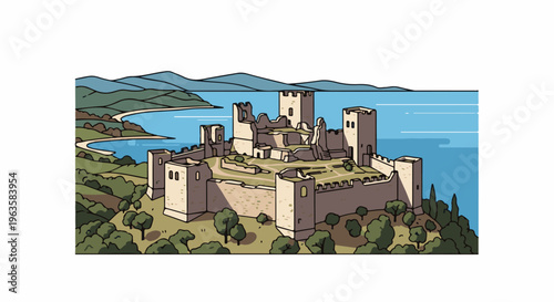 Ancient stone fortress on a hill overlooking a bay and distant mountains