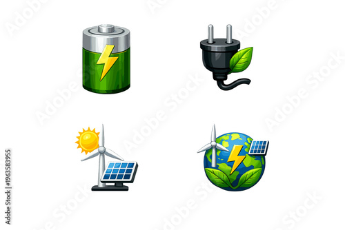 Various symbols representing renewable energy sources and sustainability in a digital format highlighting solar, wind, and battery power