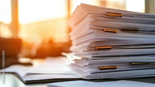 Stack of Supply Chain Law Documents on a Warehouse Manager's Desk with Soft Lighting