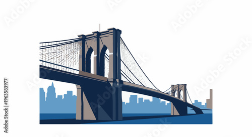 Iconic suspension bridge spans a body of water with a city skyline in the background