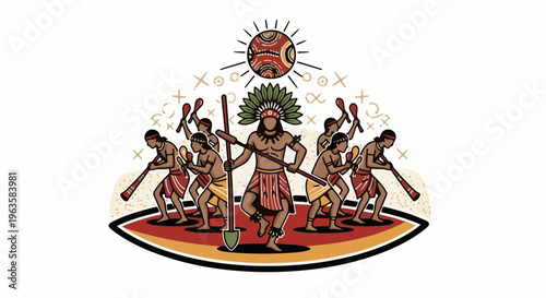 Indigenous people in traditional attire performing a ceremonial dance with instruments