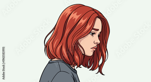 A young woman with fiery red hair, looking downwards with a somber expression