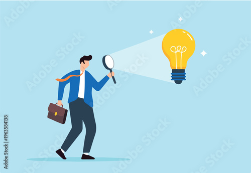 Flat illustration of businessman finds new lightbulb symbolizing insight and innovation