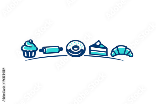 Baking items on a table with a cupcake, rolling pin, donut, cake, and croissant in a kitchen setting for a dessert preparation scene