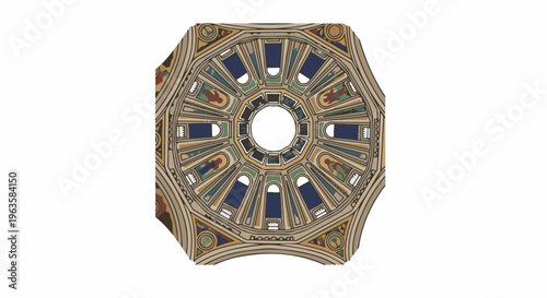 Intricate octagonal dome ceiling with ornate geometric patterns and figures