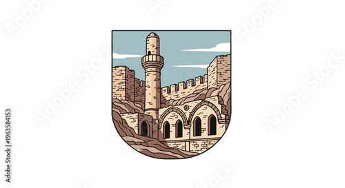 Ancient stone fortress with a tall tower, arched windows, and rugged terrain