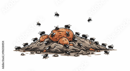Numerous flies swarm around a pile of decaying organic matter and small rocks