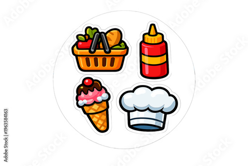 Colorful stickers showing food items like ice cream, salad, and mustard with a chef hat on a round background for fun designs