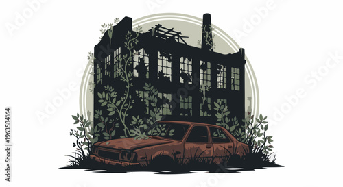Overgrown derelict building with a rusty abandoned car in front