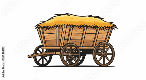 A wooden wagon filled with golden hay on a white background