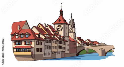 Old European town with red roofs, clock towers and a bridge over blue water