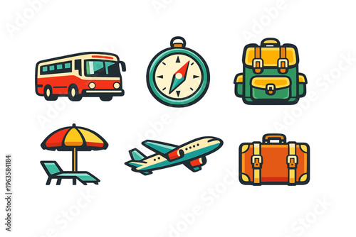 Travel icons showing different modes of transport and travel gear in a simple design on a white background