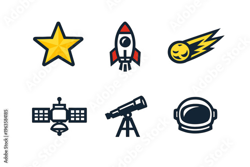 Different symbols of space exploration including a star, rocket, comet, satellite, telescope, and astronaut helmet