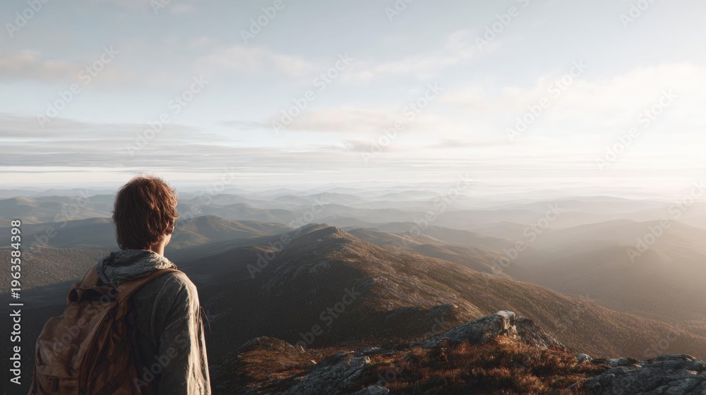 Fototapeta premium Person standing on top of a mountain, overlooking a vast landscape. the person is wearing a backpack and has their back to the camera, looking out at the view.