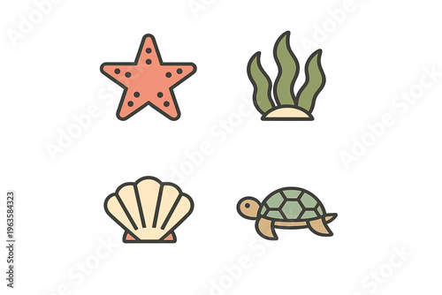 Colorful marine elements show sea life with a starfish, turtle, seaweed, and shell on a white background