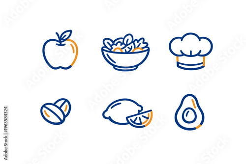 Colorful illustrations of different foods and a chef in a simple style for nutrition and cooking themes