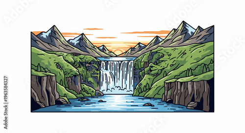 Pixelated waterfall plunges into a river with mountains at sunset