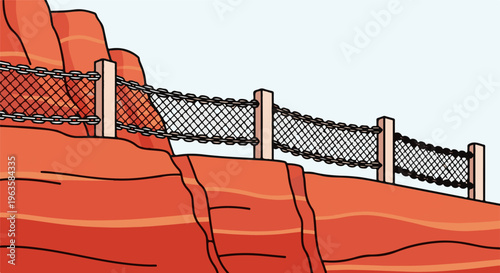 Red rock formation with a chain-link fence and wooden posts
