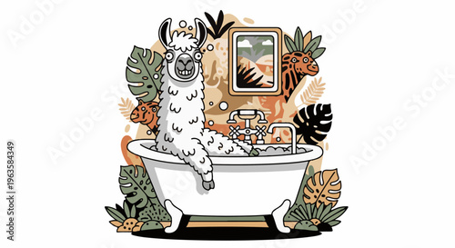 A whimsical llama relaxes in a bubbly bathtub surrounded by lush foliage and animal friends