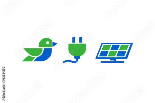 Icons of a bird, a plug, and a solar panel showing the connection between nature and technology for sustainable energy use