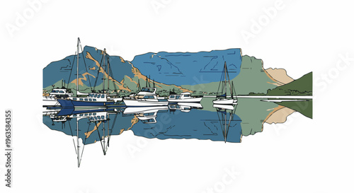 Serene harbor scene with boats docked against a mountainous backdrop, reflected in water