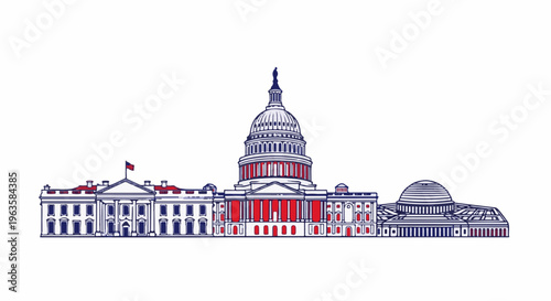Simplified illustration of Capitol and White House with flag