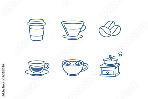 Coffee drinks and accessories displayed together on a light background with different styles and types of cups