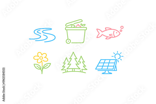 Illustration of environmental themes showing water, waste management, fish, flowers, trees, and solar energy