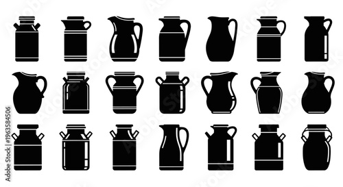 Collection of diverse milk jugs and cream cans in black silhouette vector art