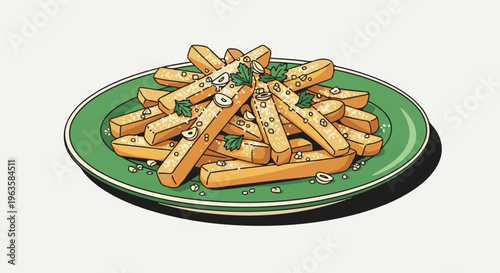 Stylized illustration of crispy golden fries seasoned with herbs and garlic on a green plate