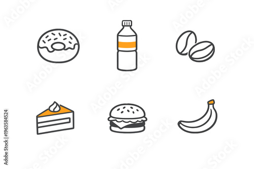 Selection of food and drinks including donut, soft drink, coffee beans, cake, hamburger, and banana on a white background