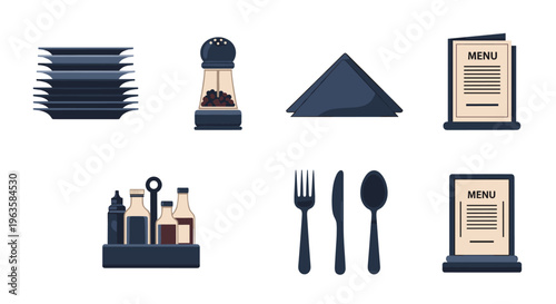 Restaurant dining essentials collection with plates, cutlery, menus, and condiments