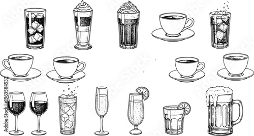 Collection of Beverage Line Icons Featuring Coffee Cups Wine Glasses Beer Mugs and Tropical Cocktails for Bar Cafe and Restaurant Design