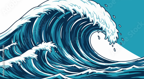 Stylized pixelated ocean waves crashing with white foam and deep blue water